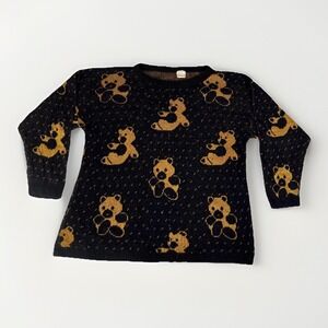 Vintage Retango Teddy Bear Sweater Womens Large Black Gold Knit Maximalist